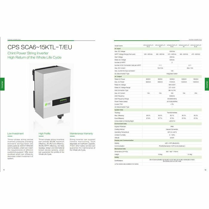 INVERTER 10kW-400Vac-50/60Hz-2MPPT-IP65-DC Switch-Wifi Module CPS SCA10KTL-T/EU